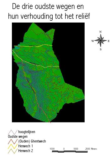Adegem - Oudste wegen   in verhouding tot het reliëf