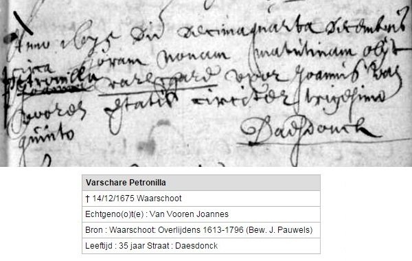 14/12/1675 Obiit Petronilla Verschare