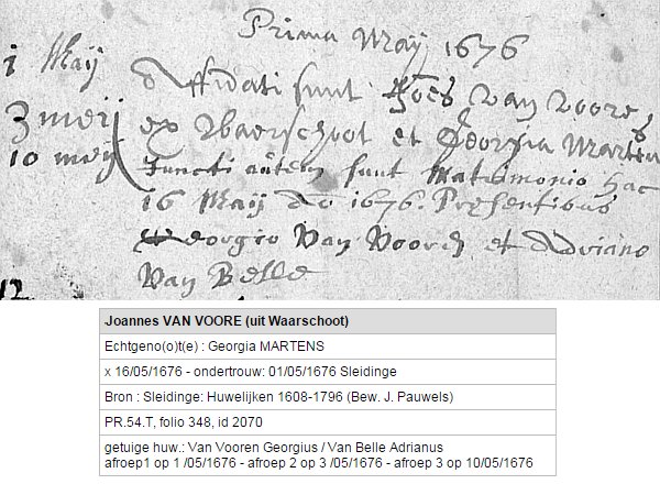 15/06/1676 Contraxerunt Matrimonium Joannes Van Voore ex Waerschoot et Georgia Martens